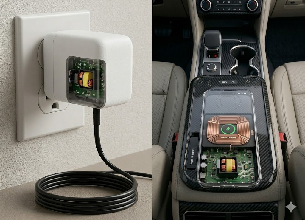 Application Scenarios: Power Supplies and Automotive Wireless Charging Pads, demonstrating EMI performance optimization of Nanocrystalline Tape in power systems and automotive charging modules.