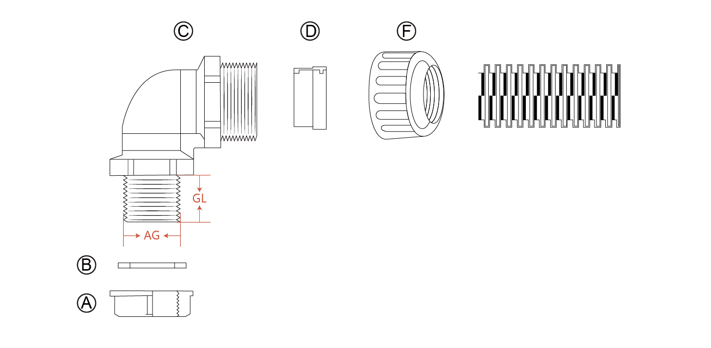 GEWTF 90 Degree Corrugated Tubing Cable Gland engineering drawing